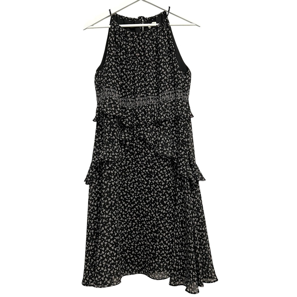 Max Studio Dress Womens S Black Floral Ruffle Tiered Halter Cottagecore Romantic